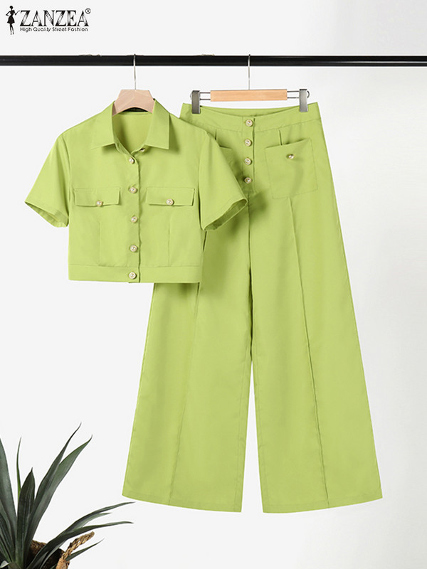 ZANZEA Fashion Urban dressid Naiste pluus ja püksid Suvised lühikeste varrukatega kärbitud topid ja püksid, Naiste vabaaja sobivad komplektid