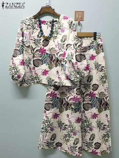 ZANZEA Jesenske trenirke s cvjetnim motivima Ženske boemske bluze Ležerne široke široke nogavice Kompleti hlača Ženski starinski kompleti s printom 2023.