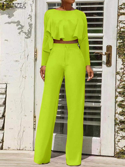 Naiste püksikomplektid Moodsad sasitud ebaregulaarsed topid, komplektid ZANZEA 2023. aasta sügispuhkuse kõrge vöökohaga pükstekomplektid Seksikas soliidne 2tk ülikond