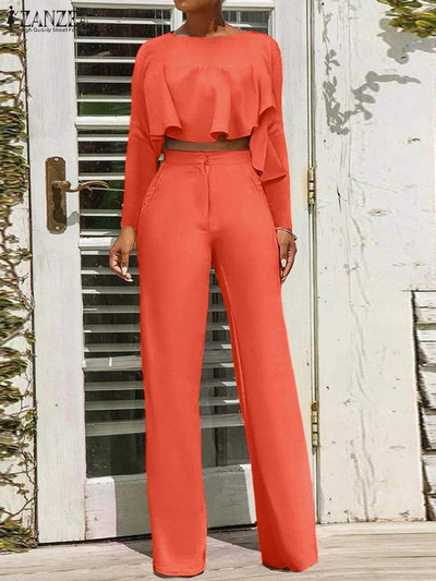 Naiste püksikomplektid Moodsad sasitud ebaregulaarsed topid, komplektid ZANZEA 2023. aasta sügispuhkuse kõrge vöökohaga pükstekomplektid Seksikas soliidne 2tk ülikond