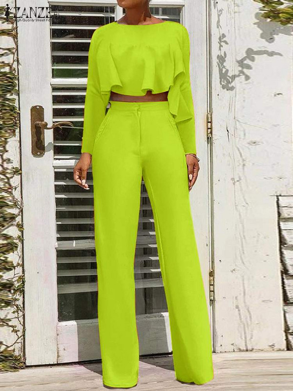 Naiste püksikomplektid Moodsad sasitud ebaregulaarsed topid, komplektid ZANZEA 2023. aasta sügispuhkuse kõrge vöökohaga pükstekomplektid Seksikas soliidne 2tk ülikond