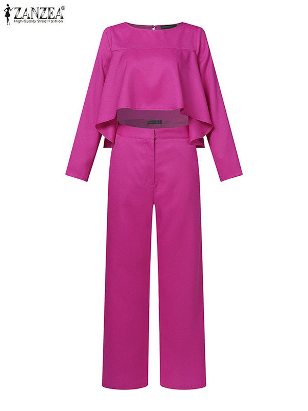 Naiste püksikomplektid Moodsad sasitud ebaregulaarsed topid, komplektid ZANZEA 2023. aasta sügispuhkuse kõrge vöökohaga pükstekomplektid Seksikas soliidne 2tk ülikond