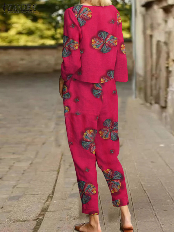 ZANZEA Vintage Γυναικεία Floral εμπριμέ σετ Φθινοπωρινά μακρυμάνικα πουκάμισα μπλουζάκια Causal παντελόνια Φθινοπωρινά κοστούμια μπλούζας Γυναικεία σετ