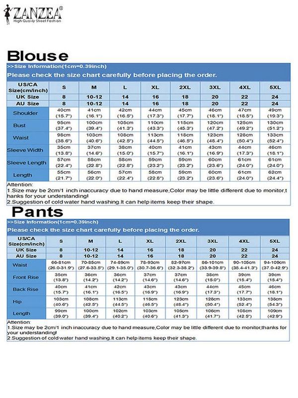 ZANZEA Vintage Γυναικεία Floral εμπριμέ σετ Φθινοπωρινά μακρυμάνικα πουκάμισα μπλουζάκια Causal παντελόνια Φθινοπωρινά κοστούμια μπλούζας Γυναικεία σετ