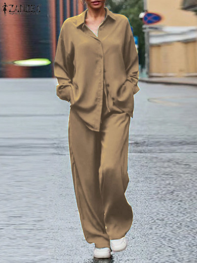 ZANZEA Ženski kompleti jednobojnih hlača od 2 komada Jesen 2023. Majice dugih rukava Široke hlače Odijelo s plisiranim odijelima Ležerna satenska svilena trenirka