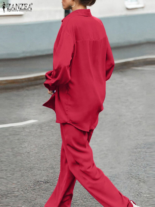 ZANZEA Ženski kompleti jednobojnih hlača od 2 komada Jesen 2023. Majice dugih rukava Široke hlače Odijelo s plisiranim odijelima Ležerna satenska svilena trenirka