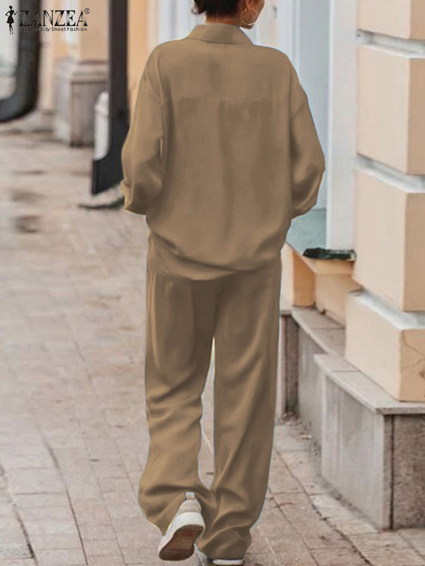 ZANZEA Ženski kompleti jednobojnih hlača od 2 komada Jesen 2023. Majice dugih rukava Široke hlače Odijelo s plisiranim odijelima Ležerna satenska svilena trenirka