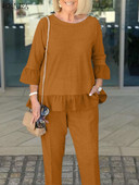 ZANZEA Jesenska ženska odjeća Elegantni kompleti hlača Jednobojne bluze s volanima 3/4 rukava Hlače Odijelo Modne urbane trenirke Radno odijelo