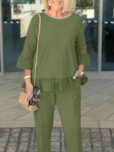 ZANZEA Jesenska ženska odjeća Elegantni kompleti hlača Jednobojne bluze s volanima 3/4 rukava Hlače Odijelo Modne urbane trenirke Radno odijelo