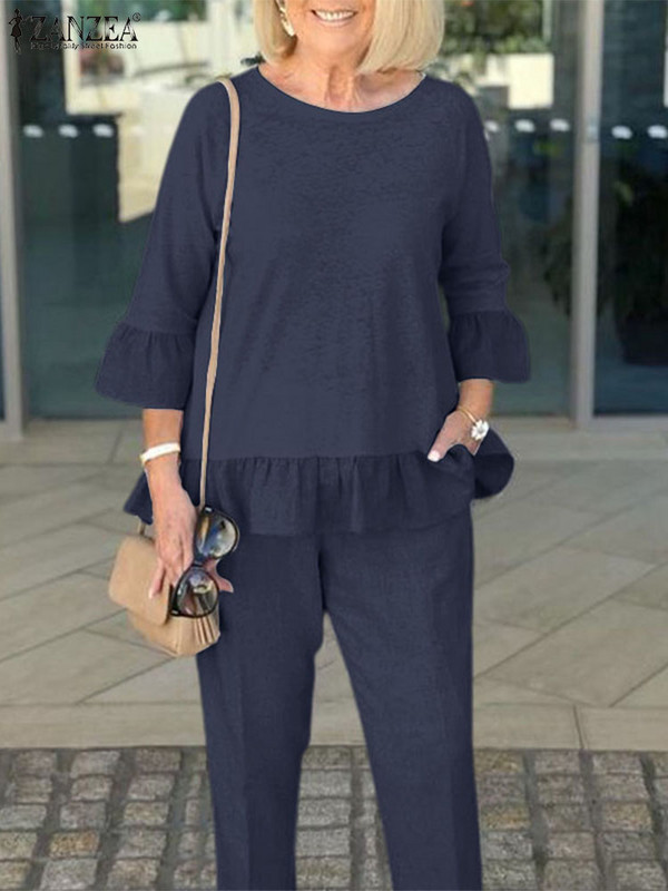 ZANZEA Jesenska ženska odjeća Elegantni kompleti hlača Jednobojne bluze s volanima 3/4 rukava Hlače Odijelo Modne urbane trenirke Radno odijelo