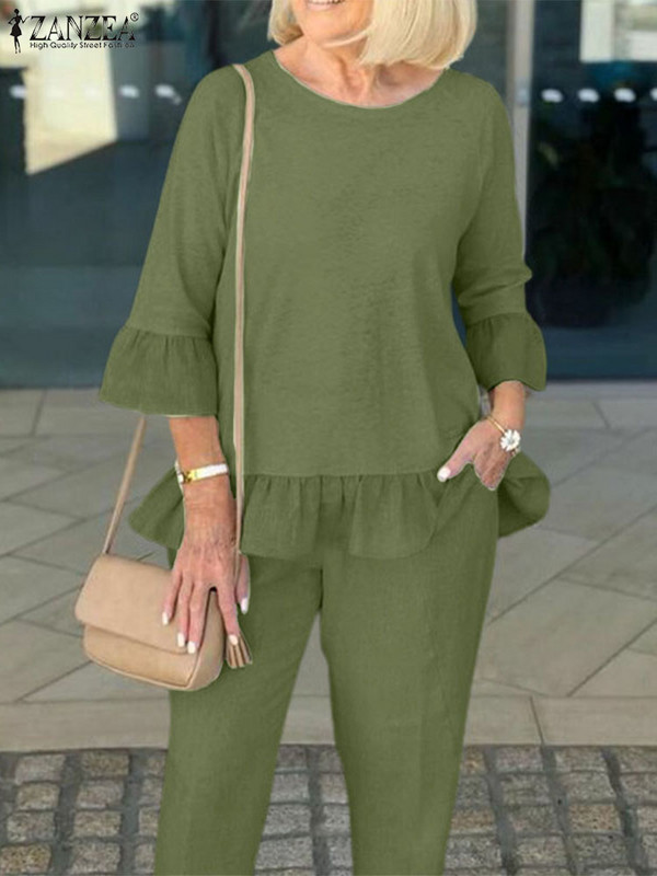 ZANZEA Jesenska ženska odjeća Elegantni kompleti hlača Jednobojne bluze s volanima 3/4 rukava Hlače Odijelo Modne urbane trenirke Radno odijelo