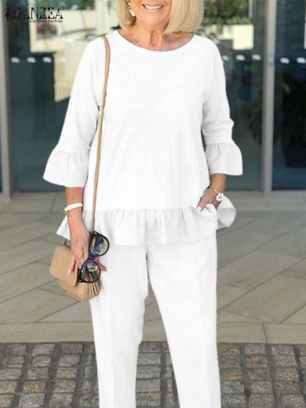 ZANZEA Jesenska ženska odjeća Elegantni kompleti hlača Jednobojne bluze s volanima 3/4 rukava Hlače Odijelo Modne urbane trenirke Radno odijelo