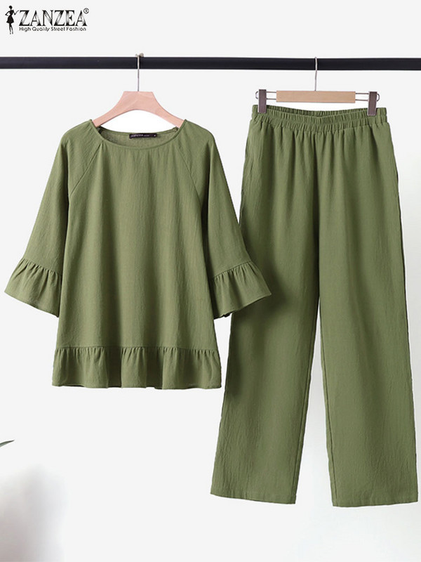 ZANZEA Jesenska ženska odjeća Elegantni kompleti hlača Jednobojne bluze s volanima 3/4 rukava Hlače Odijelo Modne urbane trenirke Radno odijelo