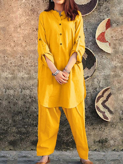 Mood Solid 2tk püksikomplektid naiste nööbid, pikk särk, dressiülikond ZANZEA vabaaja elastse vöökohaga pika pükste ülikond pühade kaelusega komplekt