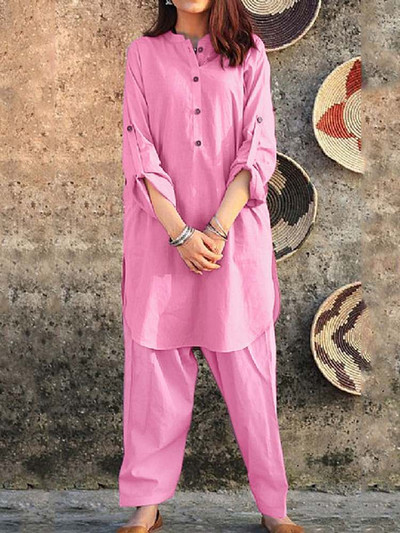 Mood Solid 2tk püksikomplektid naiste nööbid, pikk särk, dressiülikond ZANZEA vabaaja elastse vöökohaga pika pükste ülikond pühade kaelusega komplekt