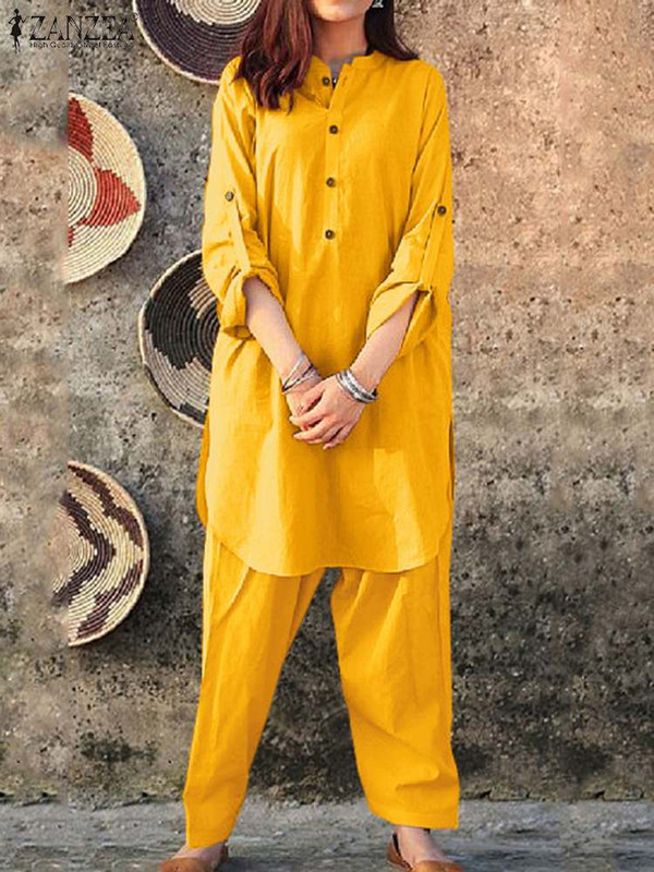 Mood Solid 2tk püksikomplektid naiste nööbid, pikk särk, dressiülikond ZANZEA vabaaja elastse vöökohaga pika pükste ülikond pühade kaelusega komplekt