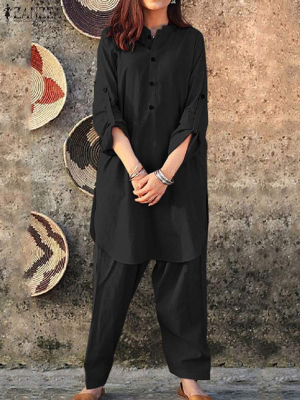 Mood Solid 2tk püksikomplektid naiste nööbid, pikk särk, dressiülikond ZANZEA vabaaja elastse vöökohaga pika pükste ülikond pühade kaelusega komplekt