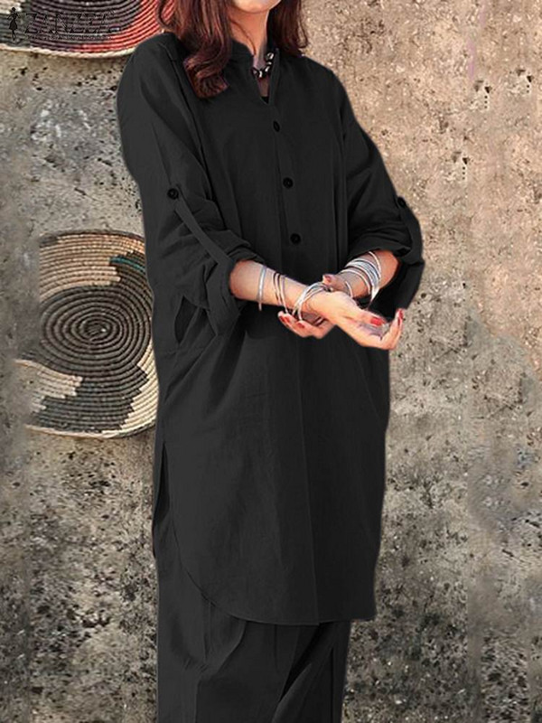 Mood Solid 2tk püksikomplektid naiste nööbid, pikk särk, dressiülikond ZANZEA vabaaja elastse vöökohaga pika pükste ülikond pühade kaelusega komplekt