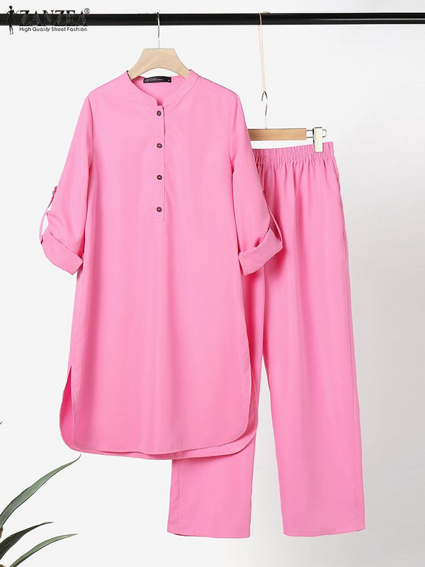 Mood Solid 2tk püksikomplektid naiste nööbid, pikk särk, dressiülikond ZANZEA vabaaja elastse vöökohaga pika pükste ülikond pühade kaelusega komplekt