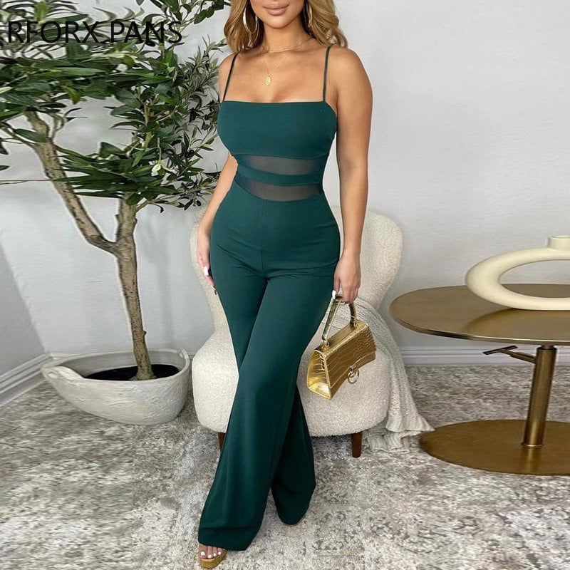 Γυναικείες κομψές μασίφ λουράκια αμάνικο πλέγμα αντίθεσης Σέξι φόρμες με ίσια πόδια