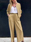 ZANZEA naiste laia säärega pikkade pükstega dressiülikond vabaaja vaba 2 tk. sobivad komplektid Moodne O-kaelusega kardiganist kostüüm puhkuseks mõeldud soliidsed linnakomplektid