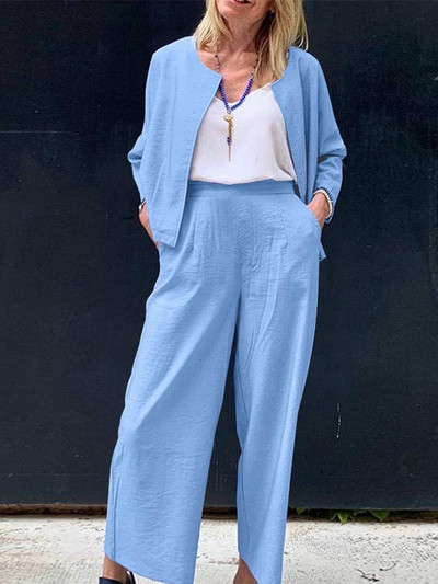 ZANZEA naiste laia säärega pikkade pükstega dressiülikond vabaaja vaba 2 tk. sobivad komplektid Moodne O-kaelusega kardiganist kostüüm puhkuseks mõeldud soliidsed linnakomplektid