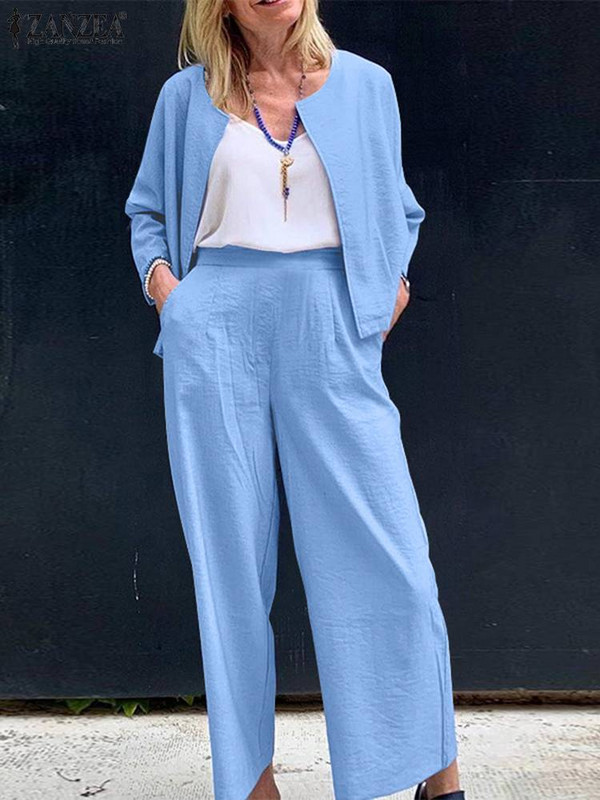 ZANZEA naiste laia säärega pikkade pükstega dressiülikond vabaaja vaba 2 tk. sobivad komplektid Moodne O-kaelusega kardiganist kostüüm puhkuseks mõeldud soliidsed linnakomplektid