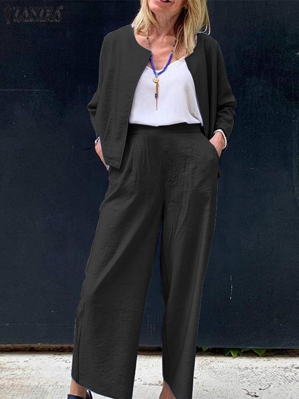 ZANZEA naiste laia säärega pikkade pükstega dressiülikond vabaaja vaba 2 tk. sobivad komplektid Moodne O-kaelusega kardiganist kostüüm puhkuseks mõeldud soliidsed linnakomplektid