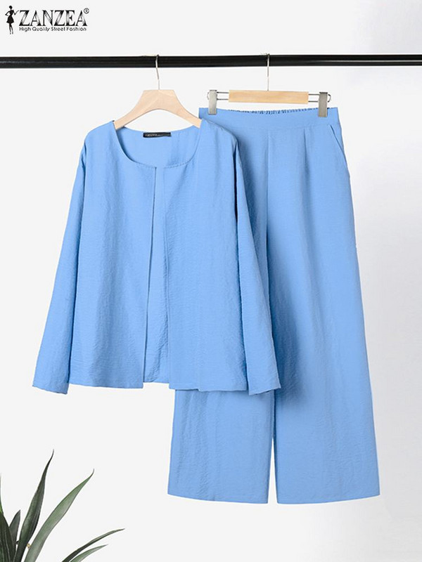 ZANZEA naiste laia säärega pikkade pükstega dressiülikond vabaaja vaba 2 tk. sobivad komplektid Moodne O-kaelusega kardiganist kostüüm puhkuseks mõeldud soliidsed linnakomplektid