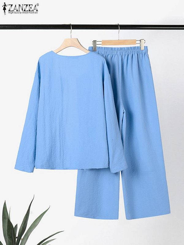 ZANZEA naiste laia säärega pikkade pükstega dressiülikond vabaaja vaba 2 tk. sobivad komplektid Moodne O-kaelusega kardiganist kostüüm puhkuseks mõeldud soliidsed linnakomplektid