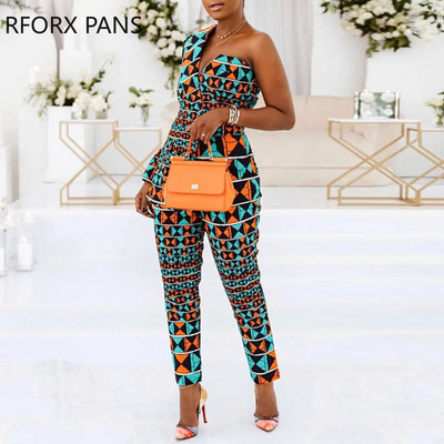 Ženski radni kombinezon s elegantnim geometrijskim uzorkom na jedno rame i dugim rukavima do gležnja