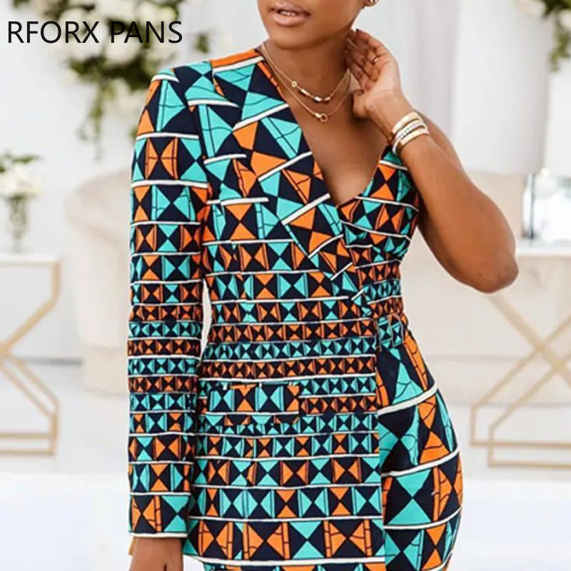 Ženski radni kombinezon s elegantnim geometrijskim uzorkom na jedno rame i dugim rukavima do gležnja