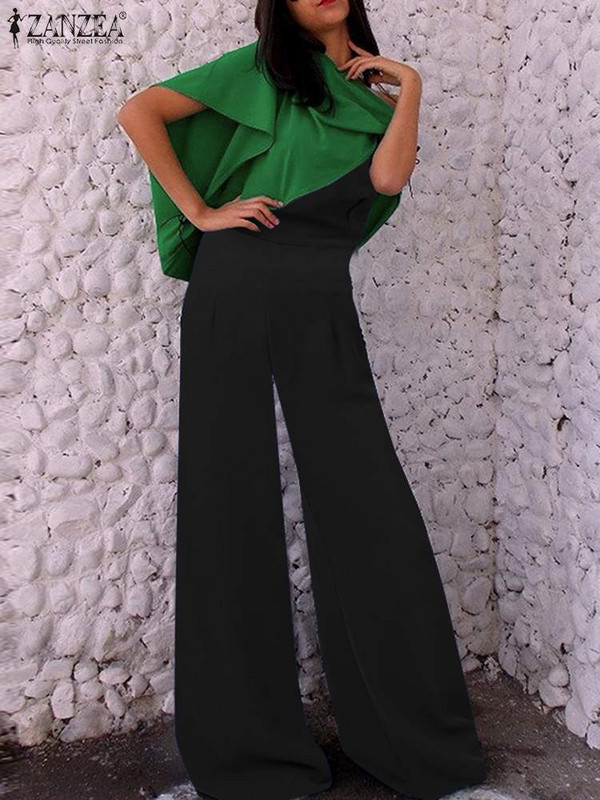 ZANZEA elegantsed kõrge vöökohaga laia säärega kombinesoonid Moodsad õlavardadeta kombinesoonid rätikuga Naiste suvevärvi blokeerivad pikad püksid