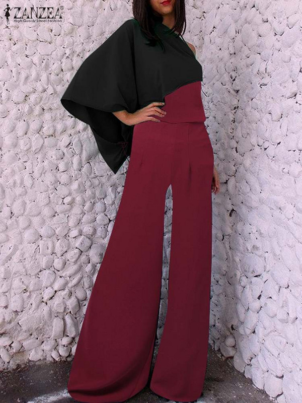ZANZEA elegantsed kõrge vöökohaga laia säärega kombinesoonid Moodsad õlavardadeta kombinesoonid rätikuga Naiste suvevärvi blokeerivad pikad püksid
