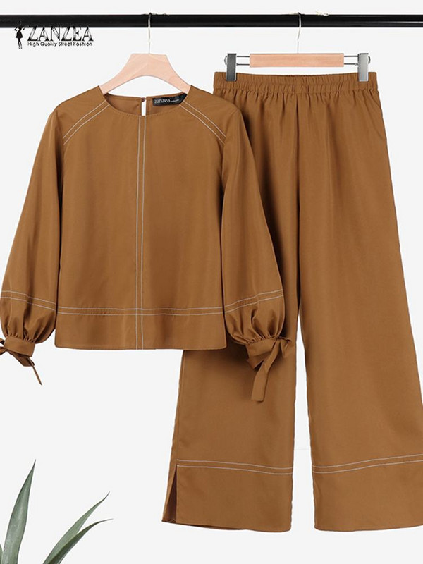 ZANZEA sügise sobivad komplektid Naiste pluusiülikond, pikkade varrukatega särk ja laia säärega pükste komplektid vabaajatööle mõeldud pühadeülikonnad linna spordidressid