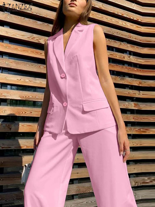 ZANZEA Fashion 2tk püksikomplektid naiste roosad vestid tänavarõivad dressid Elegantsed elastse vöökohaga pükste komplektid suvised sobivad komplektid