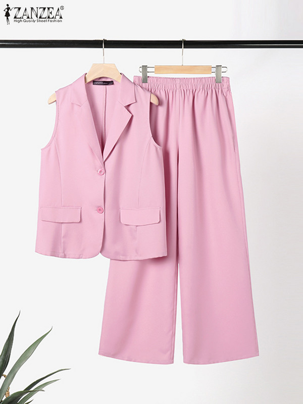 ZANZEA Fashion 2tk püksikomplektid naiste roosad vestid tänavarõivad dressid Elegantsed elastse vöökohaga pükste komplektid suvised sobivad komplektid