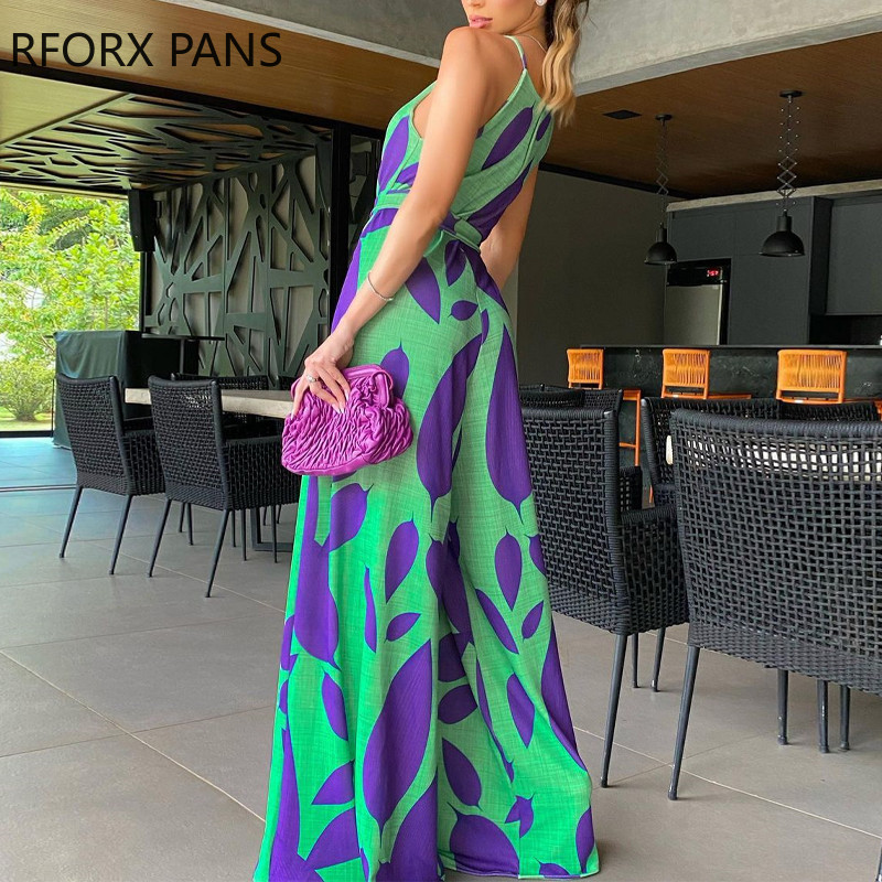 Ženski elegantni seksi kombinezon s ravnim nogavicama bez rukava s okruglim izrezom i uzorkom lišća