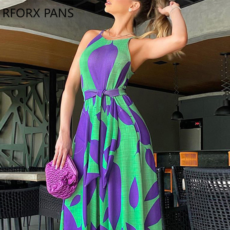 Ženski elegantni seksi kombinezon s ravnim nogavicama bez rukava s okruglim izrezom i uzorkom lišća