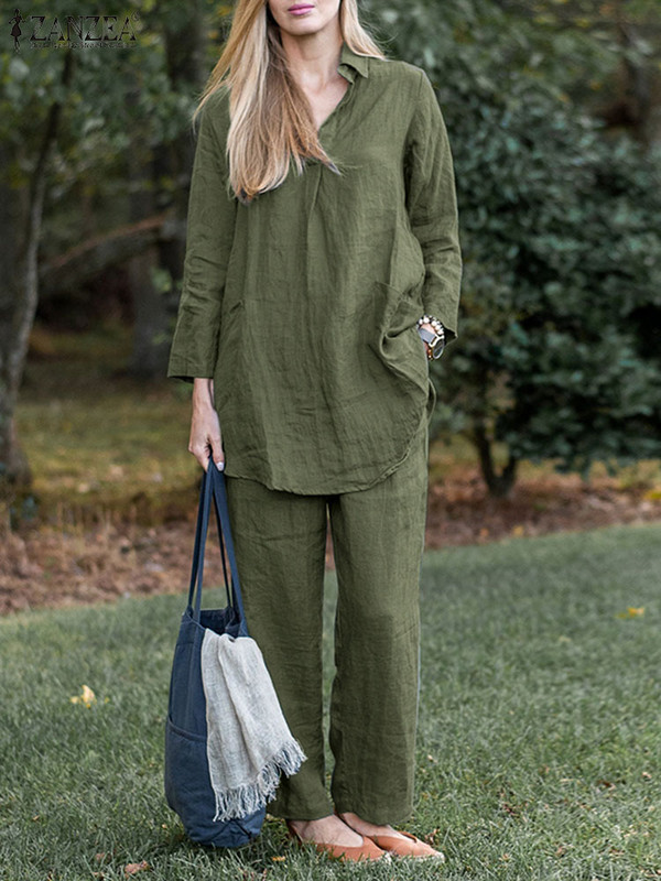 ZANZEA 2 ΤΕΜ Γυναικείες ασορτί Σετ Φθινοπωρινές φόρμες μακρυμάνικη μπλούζα παντελόνι με φαρδύ πόδι Σετ casual μονόχρωμο κοστούμι Vintage βαμβακερά σύνολα