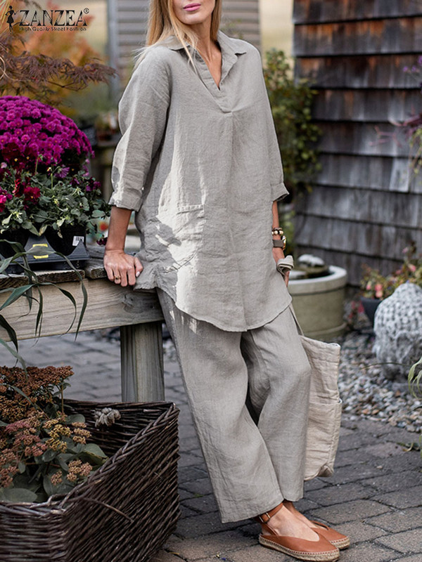ZANZEA 2 ΤΕΜ Γυναικείες ασορτί Σετ Φθινοπωρινές φόρμες μακρυμάνικη μπλούζα παντελόνι με φαρδύ πόδι Σετ casual μονόχρωμο κοστούμι Vintage βαμβακερά σύνολα