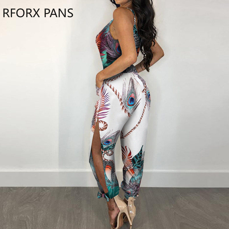 Ženski kombinezon s naramenicama s mješovitim printom i prorezom na nogavicama Seksi seksi kombinezon