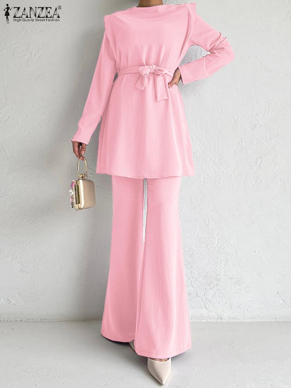 Κομψά βολάν 2 ΤΕΜ. ZANZEA Γυναικεία Σετ παντελονιών Μόδας Επίδεσμος Μακρυμάνικο Μπλουζ Κοστούμι Holiday Flare Μακρύ Παντελόνι Φόρμα