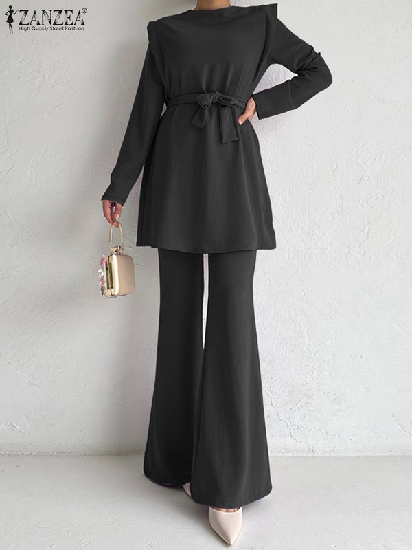 Κομψά βολάν 2 ΤΕΜ. ZANZEA Γυναικεία Σετ παντελονιών Μόδας Επίδεσμος Μακρυμάνικο Μπλουζ Κοστούμι Holiday Flare Μακρύ Παντελόνι Φόρμα