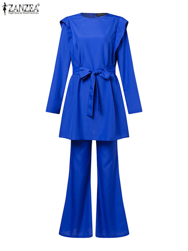 Κομψά βολάν 2 ΤΕΜ. ZANZEA Γυναικεία Σετ παντελονιών Μόδας Επίδεσμος Μακρυμάνικο Μπλουζ Κοστούμι Holiday Flare Μακρύ Παντελόνι Φόρμα