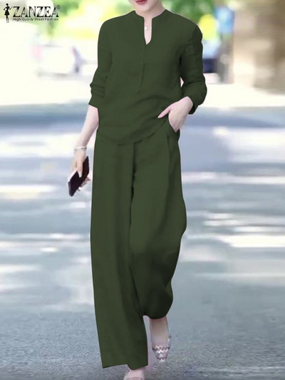 ZANZEA Γυναικεία σετ ασορτί γραφείου Κομψή μονόχρωμη μπλούζα & μακρύ παντελόνι Φθινοπωρινές φόρμες μόδας Casual OL Oversize