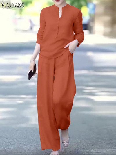 ZANZEA Γυναικεία σετ ασορτί γραφείου Κομψή μονόχρωμη μπλούζα & μακρύ παντελόνι Φθινοπωρινές φόρμες μόδας Casual OL Oversize