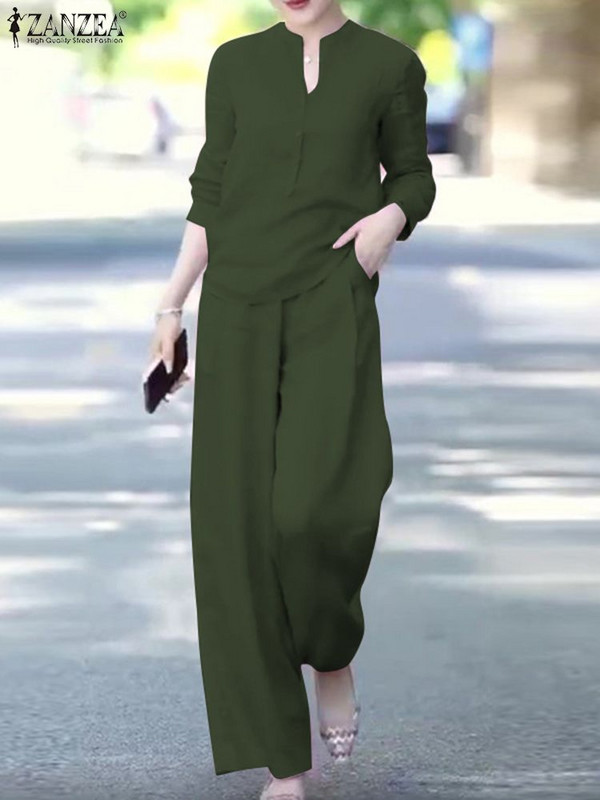 ZANZEA Γυναικεία σετ ασορτί γραφείου Κομψή μονόχρωμη μπλούζα & μακρύ παντελόνι Φθινοπωρινές φόρμες μόδας Casual OL Oversize