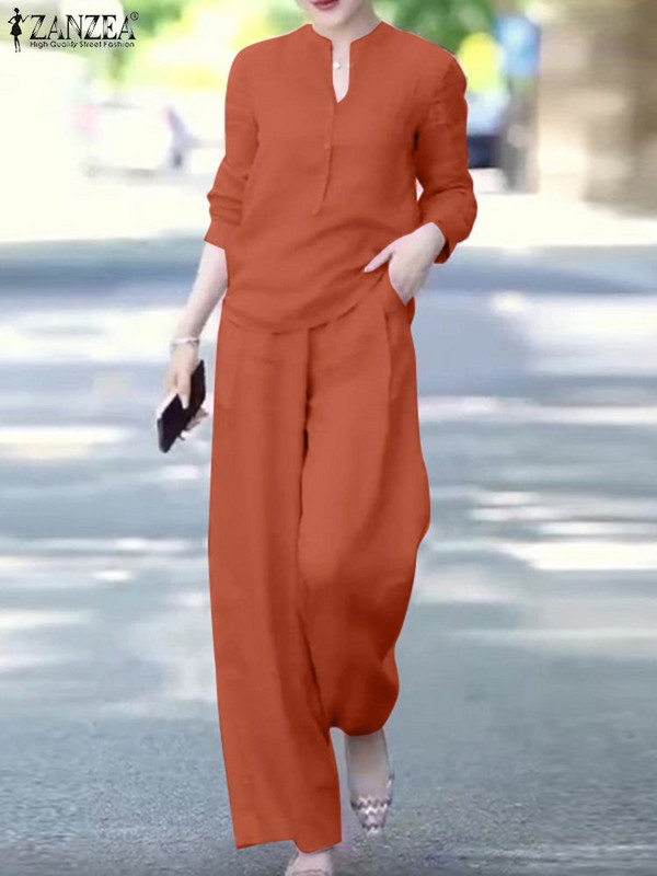 ZANZEA Γυναικεία σετ ασορτί γραφείου Κομψή μονόχρωμη μπλούζα & μακρύ παντελόνι Φθινοπωρινές φόρμες μόδας Casual OL Oversize