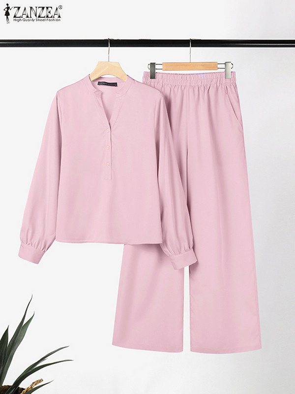ZANZEA Γυναικεία σετ ασορτί γραφείου Κομψή μονόχρωμη μπλούζα & μακρύ παντελόνι Φθινοπωρινές φόρμες μόδας Casual OL Oversize